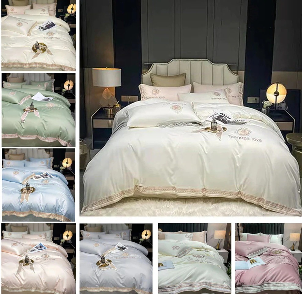 氷の糸华やかな 4点セット ススキノ裸寝刺繍ころがしベッド布団カバーシーツ 模造シルク ベッドセット