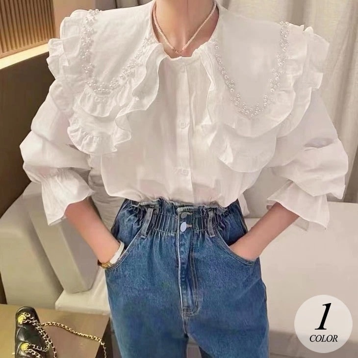 【2025新作 急速出荷】フリル ビジュー ラウンドカラー 大きめ襟 ブラウス 長袖 ボリューム袖 トップス セーラー襟 可愛い フェミニン カジュアル きれいめ 上品 春 夏 秋 白 ホワイト 無地 5,003円