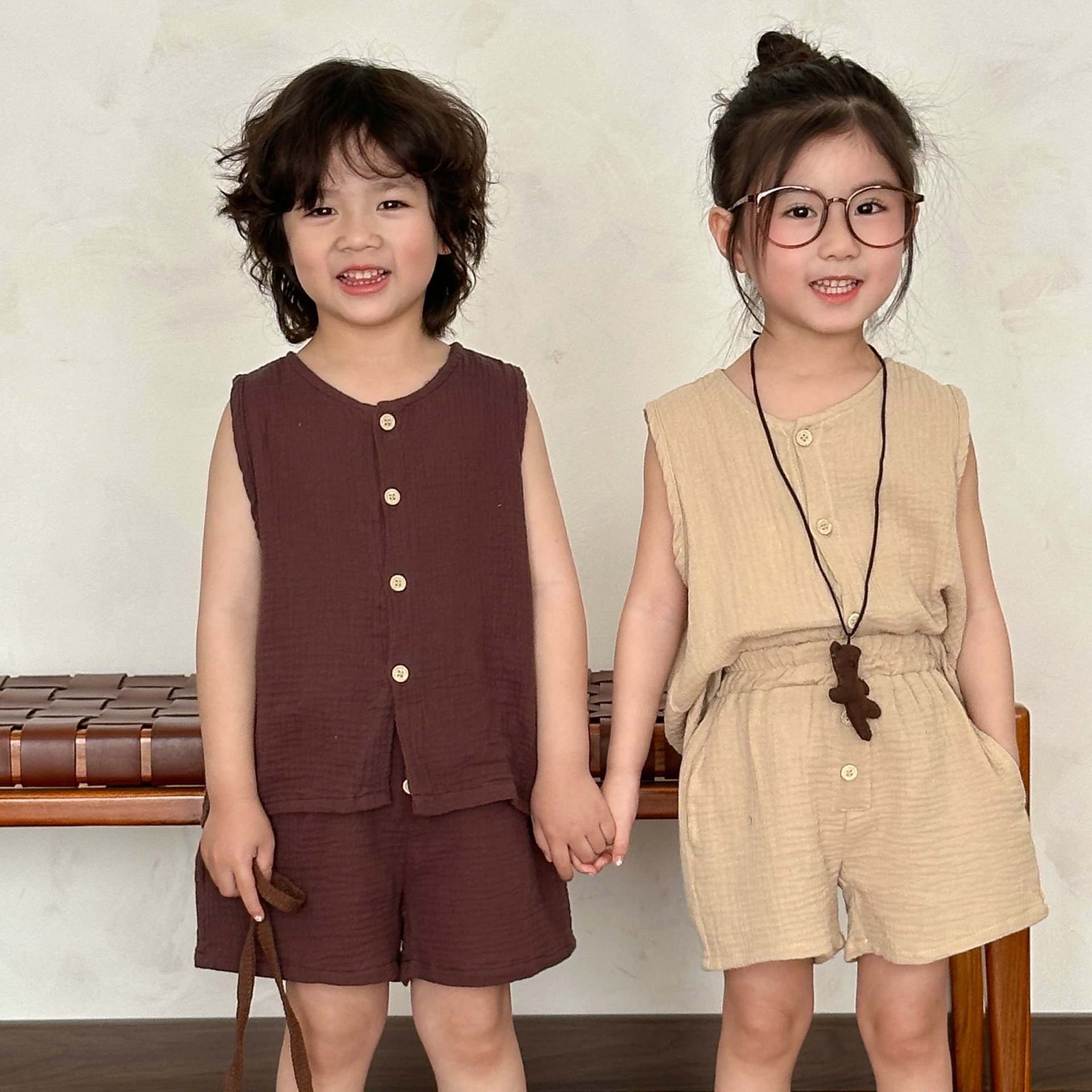 子供のサマースーツ純綿ガーゼ韓国版女児レジャー2025新型男児ベスト半ズボン赤ちゃん服 子供服 女の子 セットアップ 子供服 男の子 セットアップ