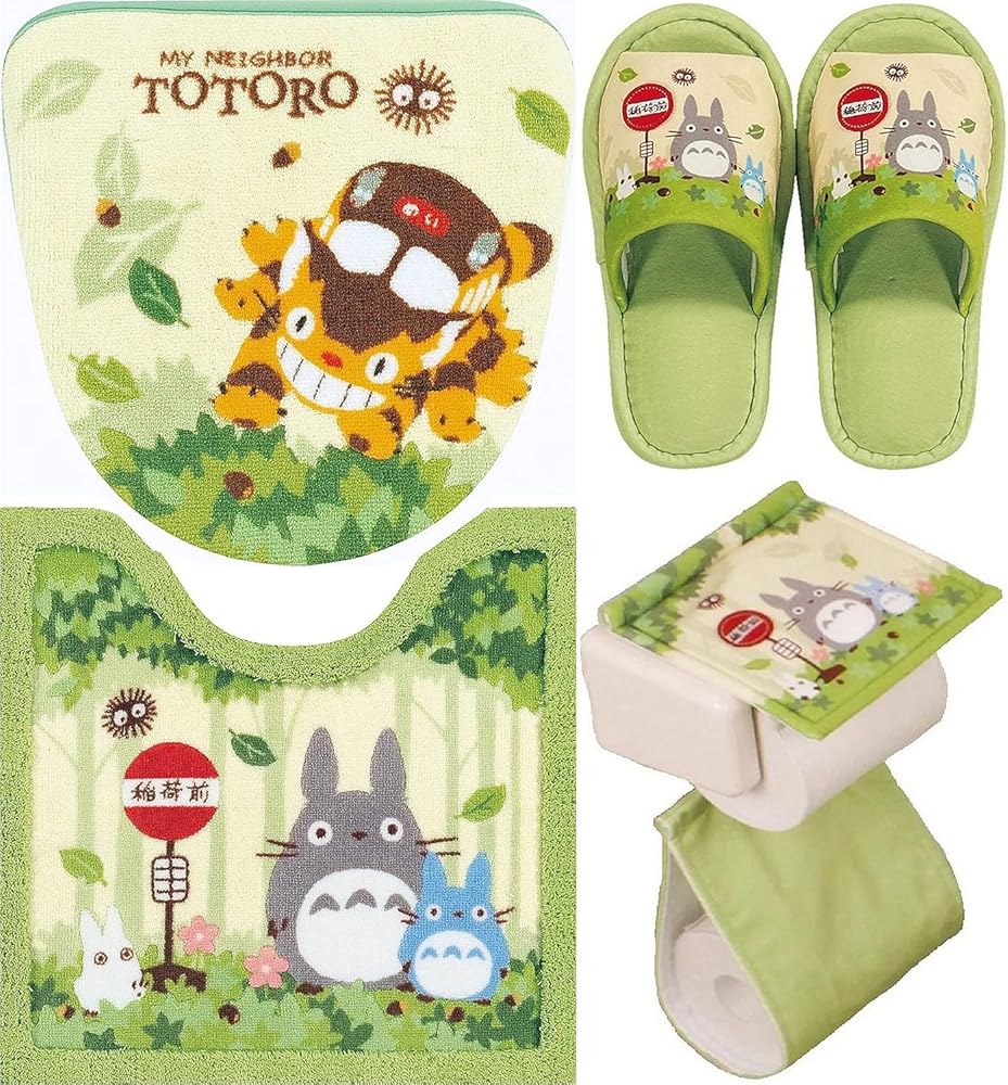 センコー となりのトトロ なかま 洗浄便座ふたカバー トイレマット スリッパ ペーパーホルダーカバー × 4点セット グリーン トイレ