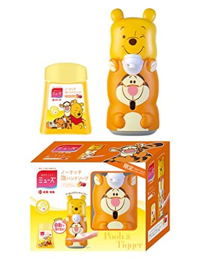 【医薬部外品】ハンドソープ 泡 ミューズ ノータッチ 自動 ディスペンサー 本体 ティガー ディズニー スリーブ + くまのプーさんキャップ + 詰め替え ピーチ&ローズ 250ML