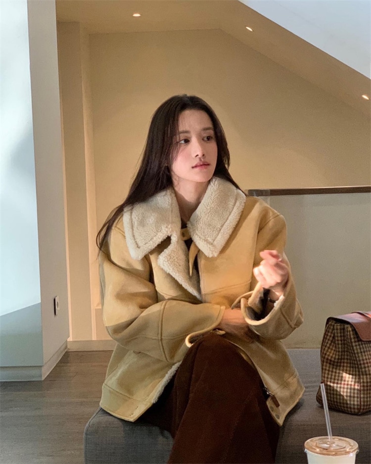 韓国ファッション レトロ あったか 襟返し タートルネック コート 保温 毛皮一体コート ゆったりする おしゃれな