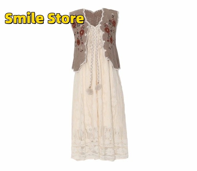 夏 きれいめ 白ワンピース 花柄 レース vネック ロング丈 レディース ニット キャミソールワンピース リゾートワンピース エスニック ベスト 6,306円