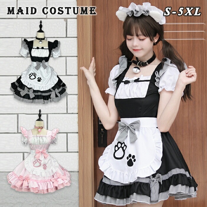 【最安値 大人気N0.1】B87メイド服 可愛い コスプレ 猫 ロリータ 制服 アニメ セクシー 黒 半袖 ゴスロリ 大人 レディース メイド カチューシャ フリル エプロン バレンタイン 7点セット