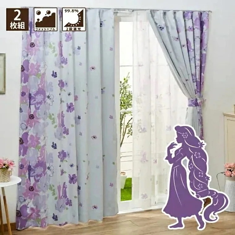 カーテン 遮光タイプ タッセル付き 100x200cm 2枚組 ドレープカーテン 塔の上のラプンツェル 2級遮光 遮熱 洗える かわいい お洒落 プリンセス 子ども部屋 模様替え 新生活 掃出窓