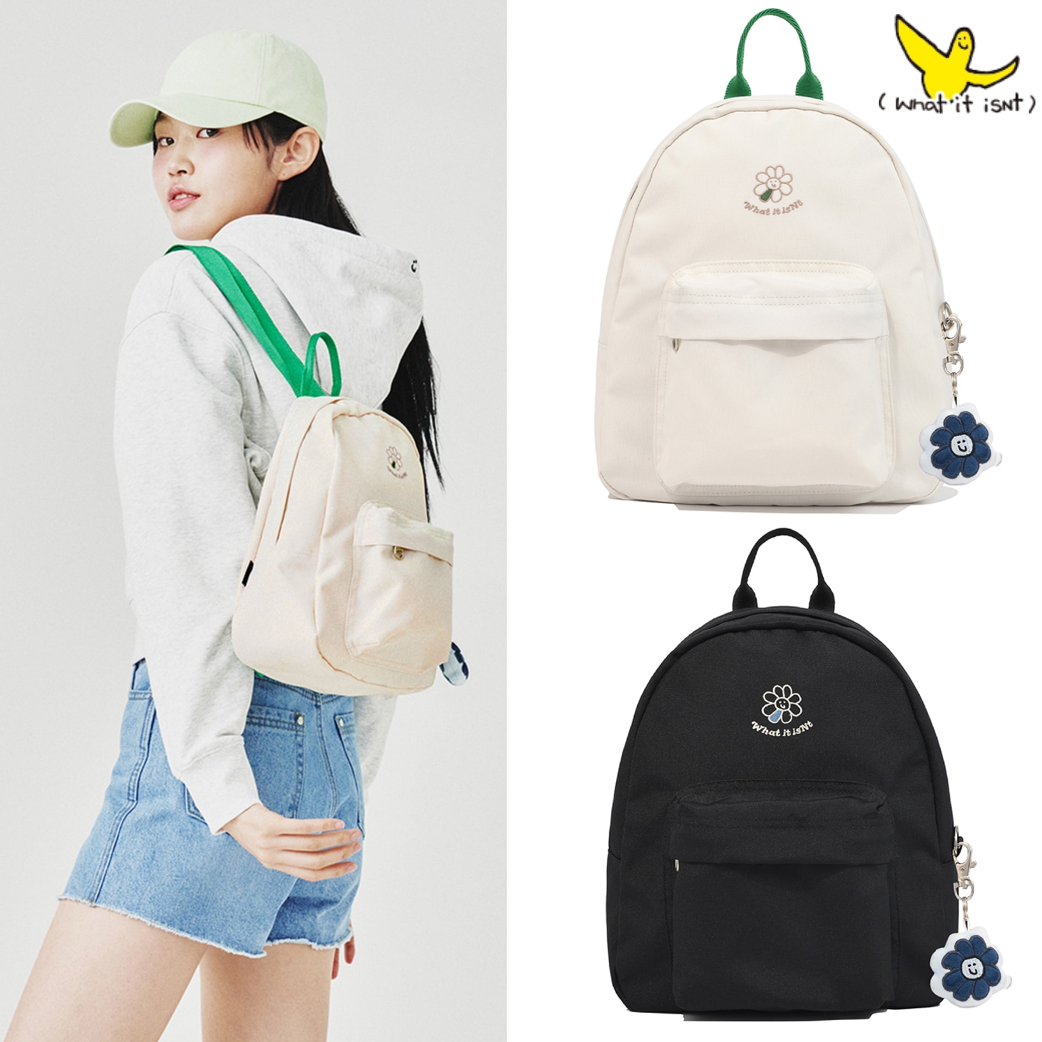 Flory mini backpack (+Keyring) 2色 新商品 新学期 韓国人気 韓国ファッション 男女共用 カップルアイテム ストリートファッション カジュアルバッグ 学生バッグ