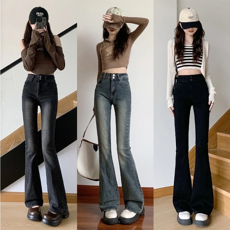 ひんやりボトムス韓国流行りおしゃれ高端デニムパンツフレアパンツハイウエストショート丈ハイウエストポケットブーツカットデニムジーンズ 5,131円