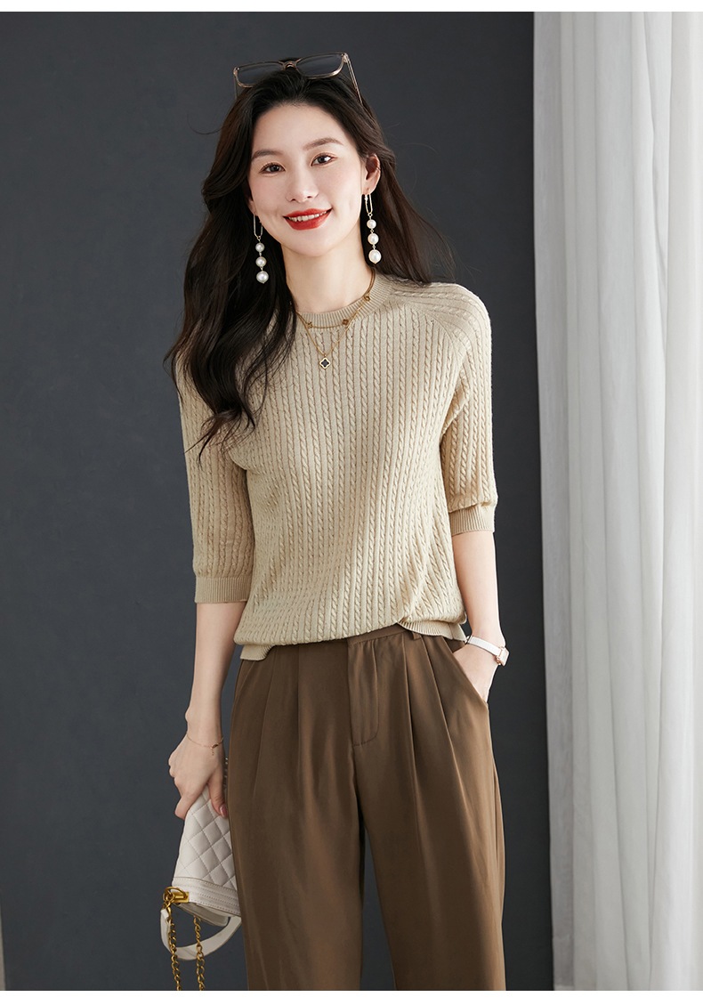 秋 ファッション ツイスト ミッドスリーブ ニット セーター ラウンドネック ショート ルーズ レッド トップ 女性 カーキ グリーン レッド ベージュ ブラック M L XL XXL トップス
