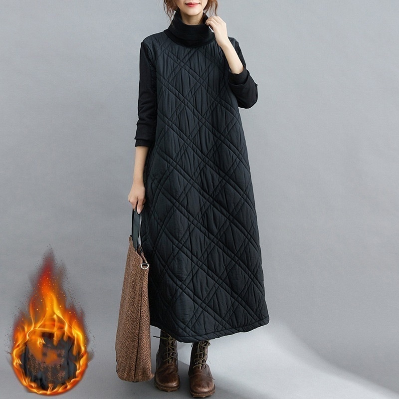 入庫キルティングワンピース秋切り替え長袖秋冬厚ロングワンピースハイネック軽量防寒タートルネックポッケト付きゆったりカジュアル