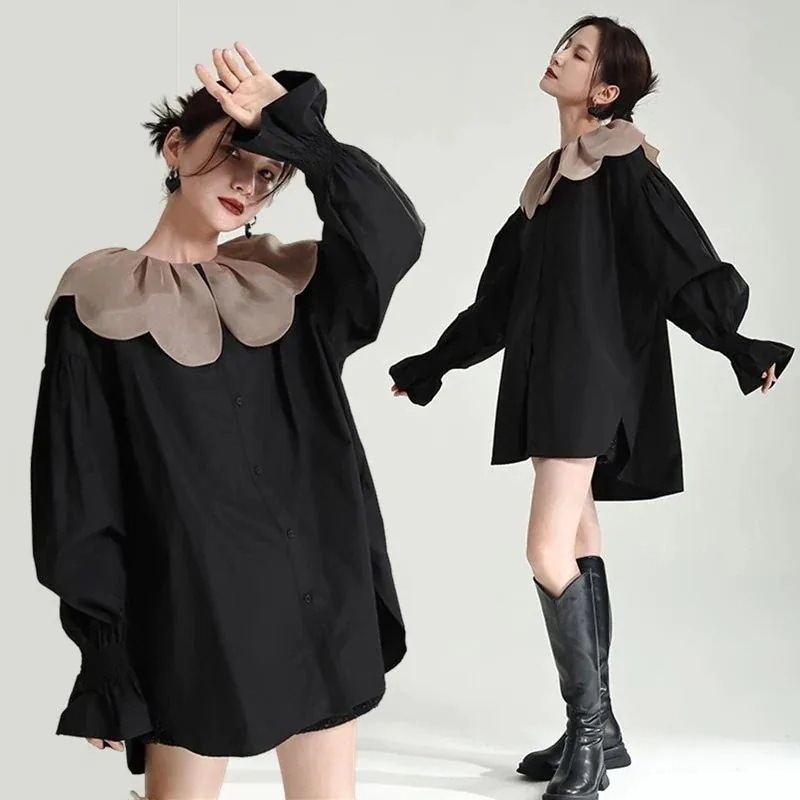 【J.Fashion】 花びら襟 ロング丈 ブラウス パフスリーブ 体型カバー チュニック レディース 春 シャツ カシミヤタッチ 体型カバー 日焼け止め メガ割30%までに制限