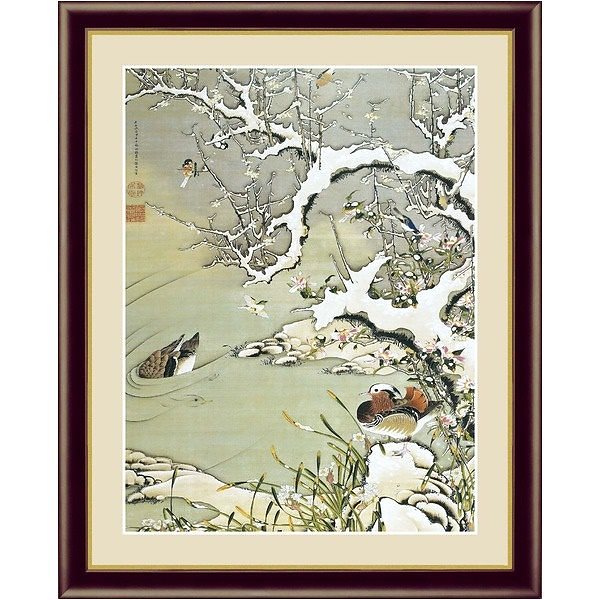 [若冲 鳳凰 旭日][動植綵絵額]群鶏/白鳳/鶏伊藤若冲 額装品（茶）F4号 雪中遊禽図