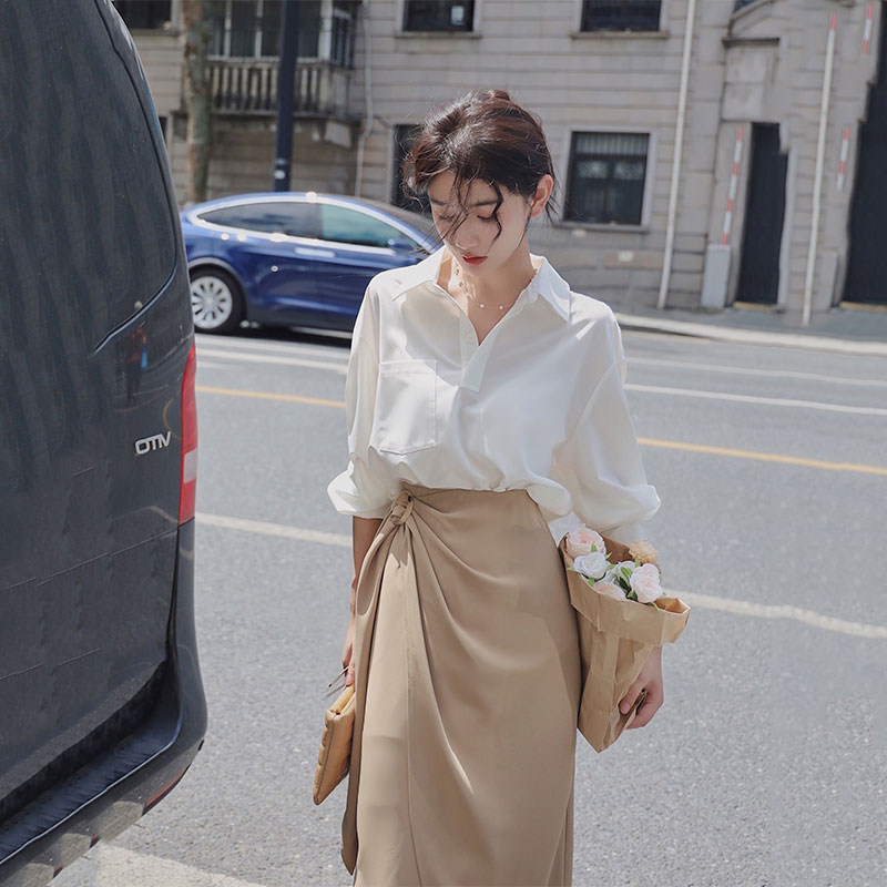 シャツワンピース ワンピース レディース 2点セット シャツ＋不規則スカート 大人 通勤 可愛い シ