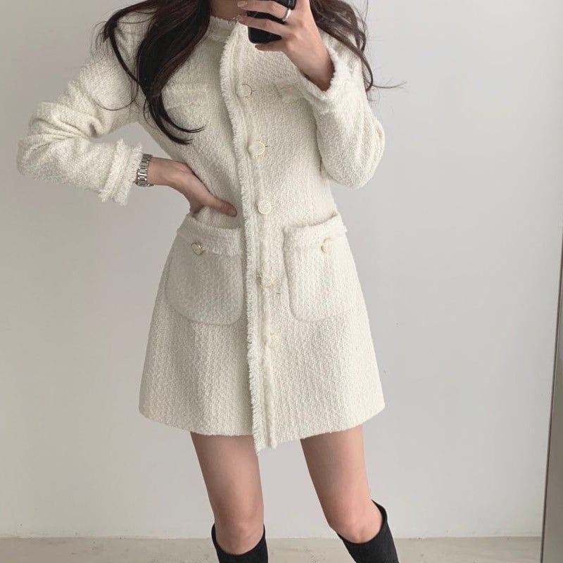 ワンピース ワンピースドレス ツイード ミニ丈 ミニワンピース 長袖 ホワイト ブラック 黒 S