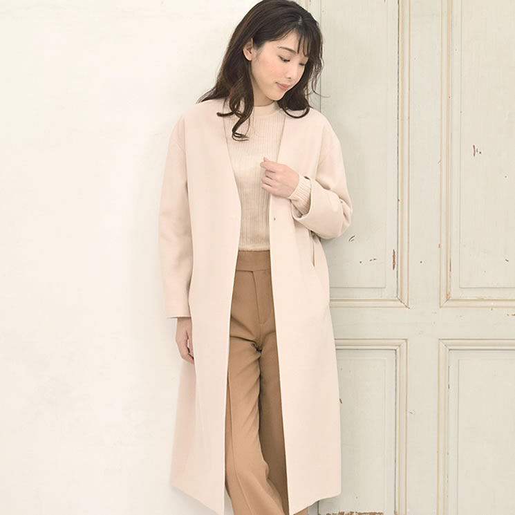 【Merfirge】カシミヤ & ウール ノーカラー コート (CA3304) カシミア カラーレス