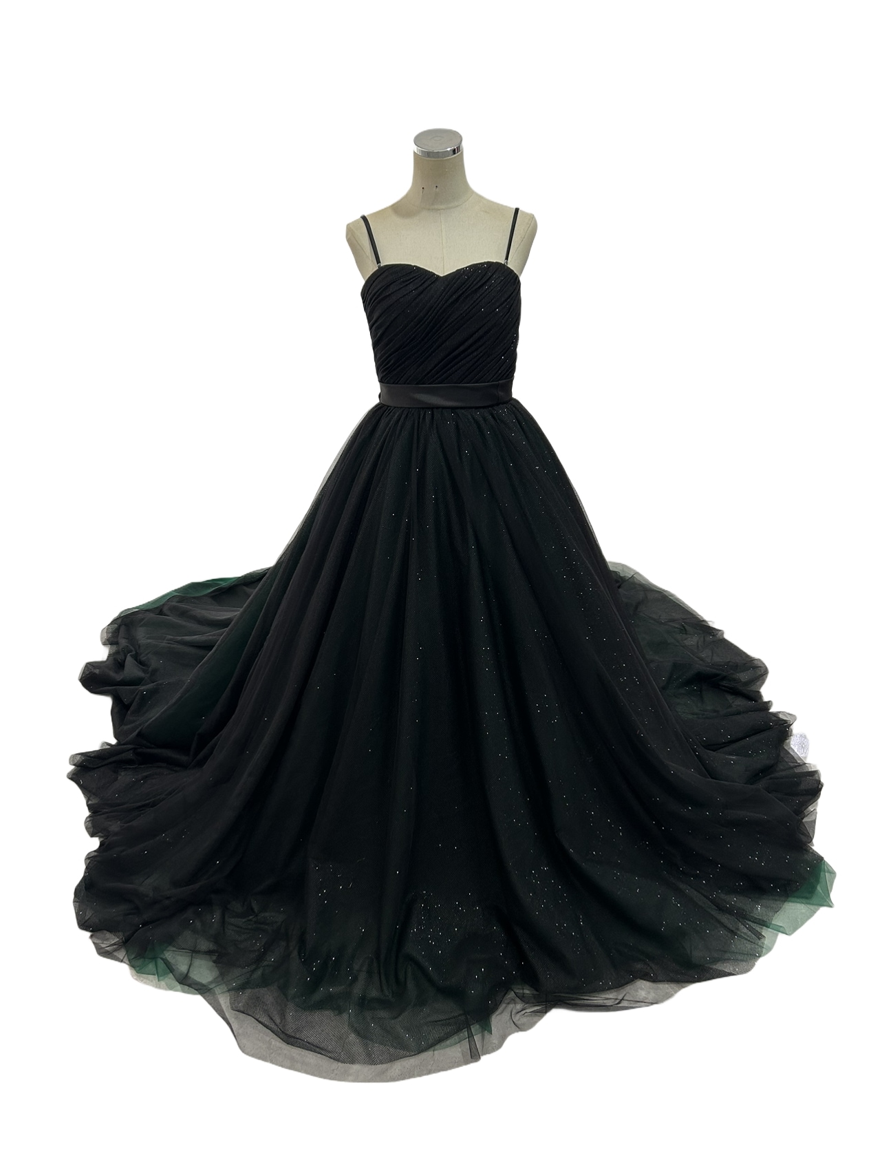 パーティードレス ブラック グリーン キャミソール キラキラチュール ロングトレーン 前撮り