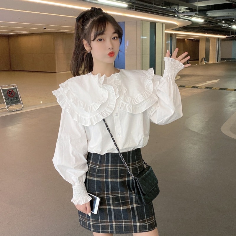 トップス シャツ ブラウス 白シャツ ミディアム丈 長袖 パフスリーブ 襟付き ビッグカラー 大きな襟 襟フリル レース 大人可愛い 大人 上品 おしゃれ 大人女子 こなれ感 ラブリー キュート
