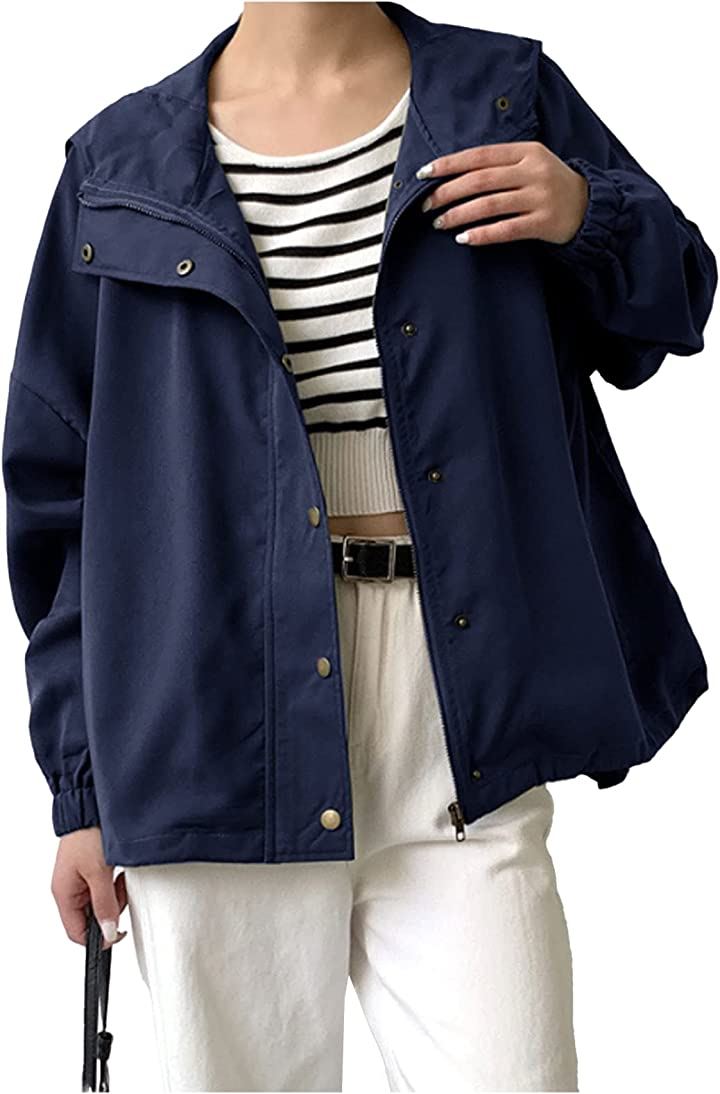 ブルゾン レディース ショート丈 アウター フード付き きれいめ スポーティ(ネイビー, Free Size)