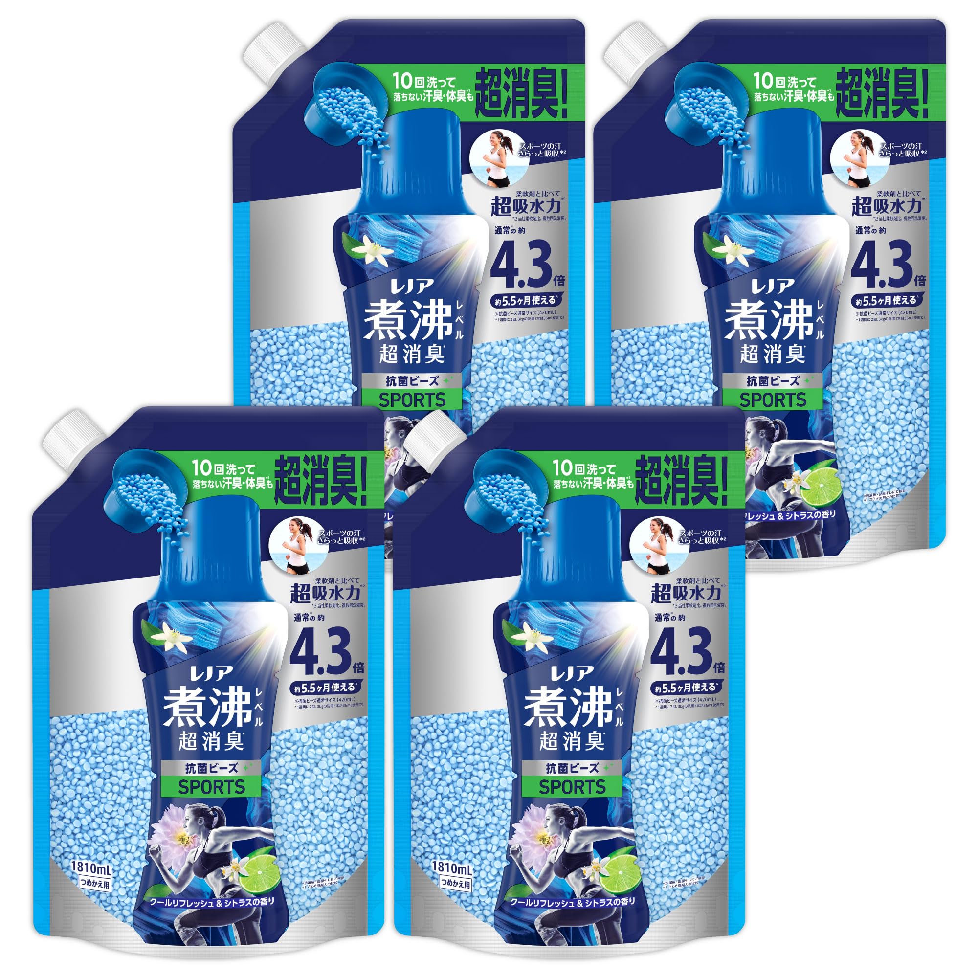 レノア 煮沸レベル超消臭 抗菌ビーズ SPORTS クールリフレッシュ&シトラスの香り 詰め替え 1810mL×4袋 [大容量] [ケース品] 柔軟剤と一緒に使って効果長続き