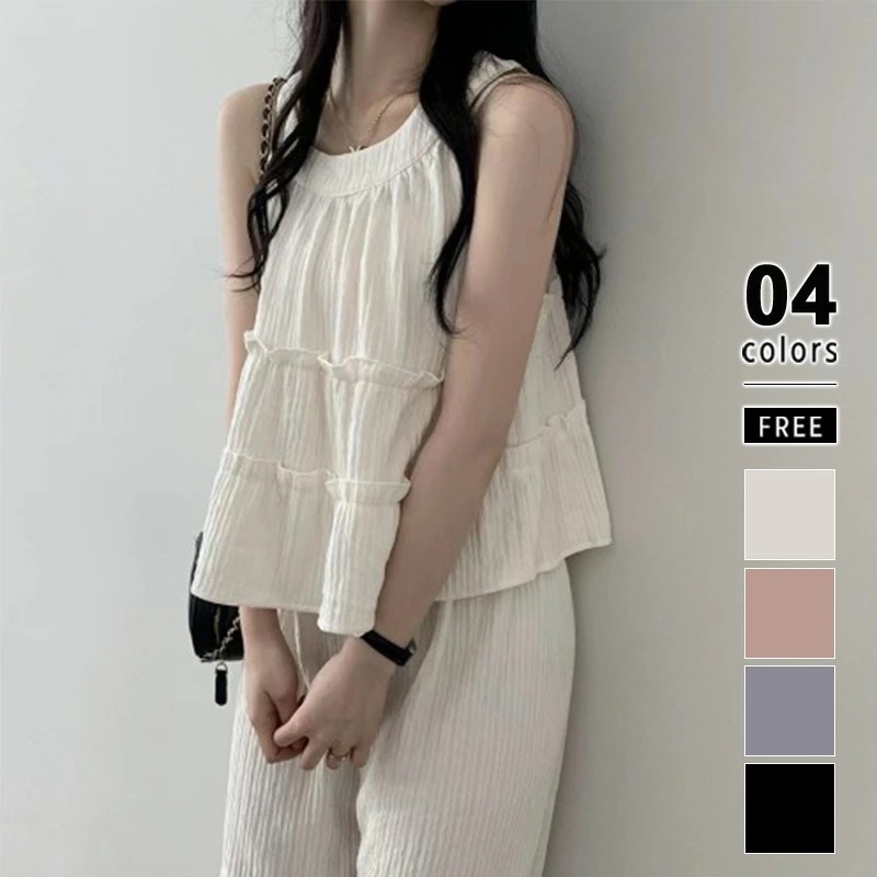 [迅速な配達][限時割!引!]セットアップ カジュアル アメスリ ワイドパンツ 上下セット レディース ノースリーブ ティアード トップス フリル ウエストゴム 楽ちん パンツ イージーパンツ ゆった