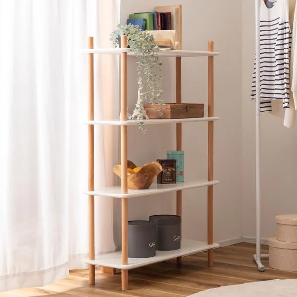 ラック 棚 収納 4段 白 ホワイト 木製 脚 支柱 飾り棚 オープンラック 韓国 おしゃれ 北欧 ナチュラル カフェ シンプル 使いやすい 高さ調節 変更 調節 幅80cm