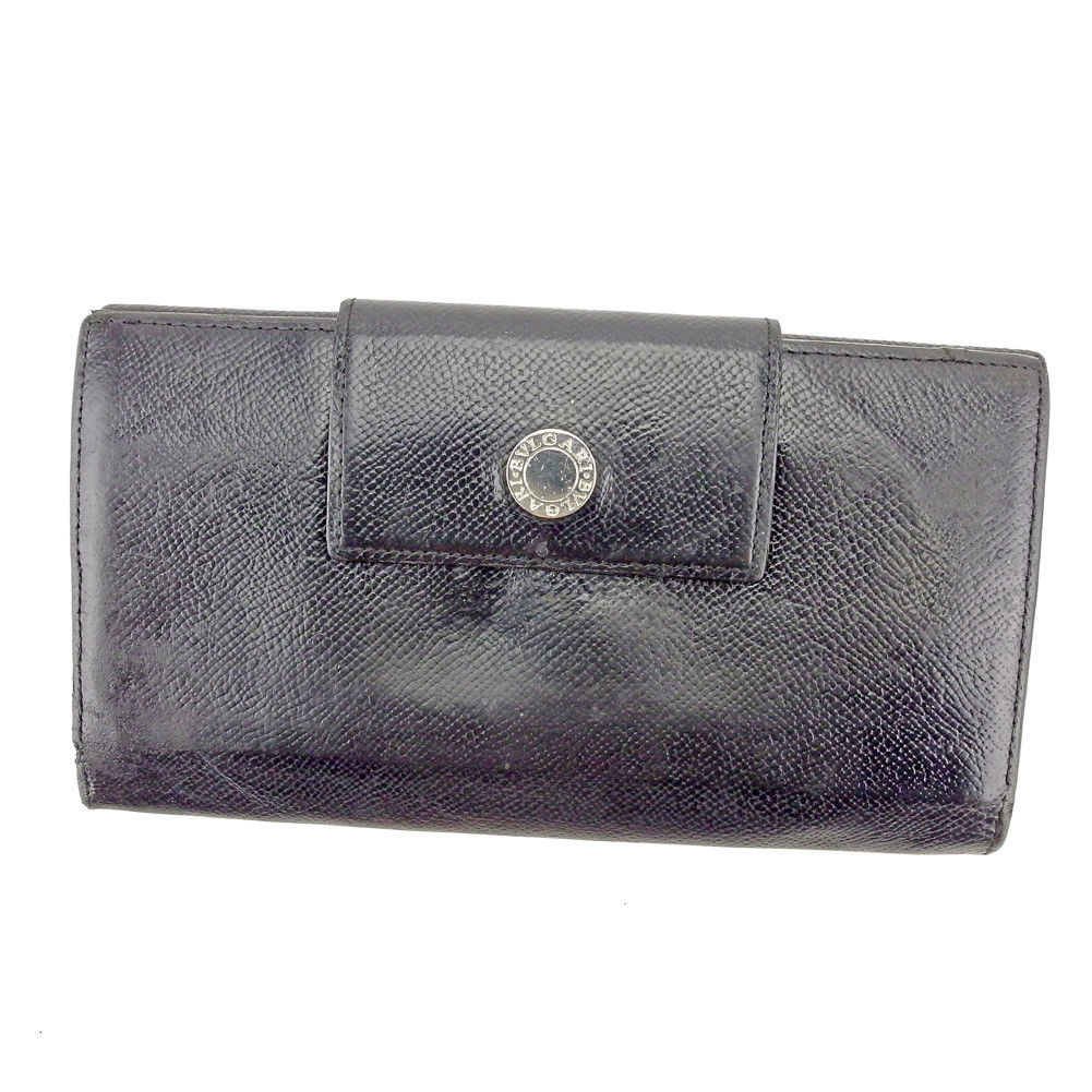 長財布 財布 Wホック 三つ折り ロゴボタン ブラック シルバー 中古