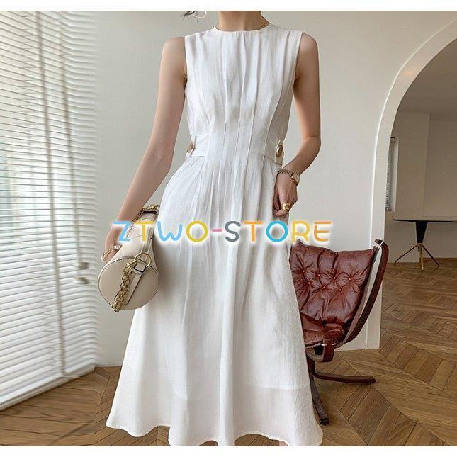 ワンピース レディース ノースリーブ ラウンドネック 膝丈 Aライン ハイウエスト タック 背面ファスナー ドレス 無地 光沢感 清楚 エレガント きれいめ XS-XL