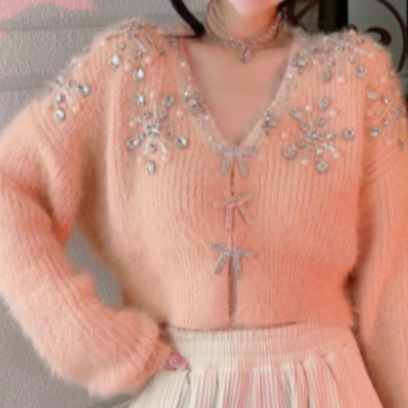 ビジューニット トップス セーター スイート ガーリー ホワイト 白 ピンク ショート丈 袖あり