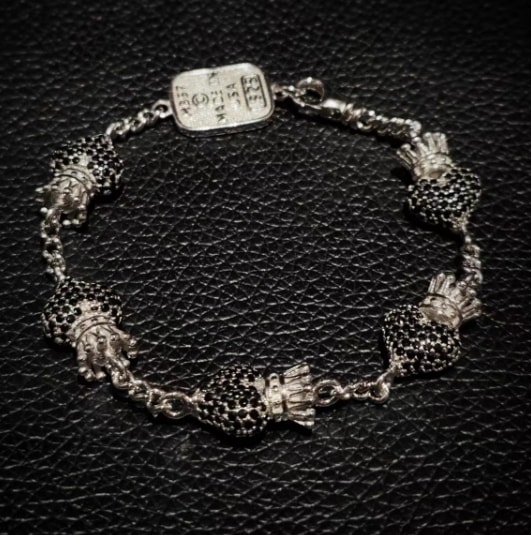 925 スターリングシルバー電気メッキ 18K ホワイトゴールド ROCKAGE クラシックゴッドオブラブクラウンブラックダイヤモンドピーチハートブレスレット