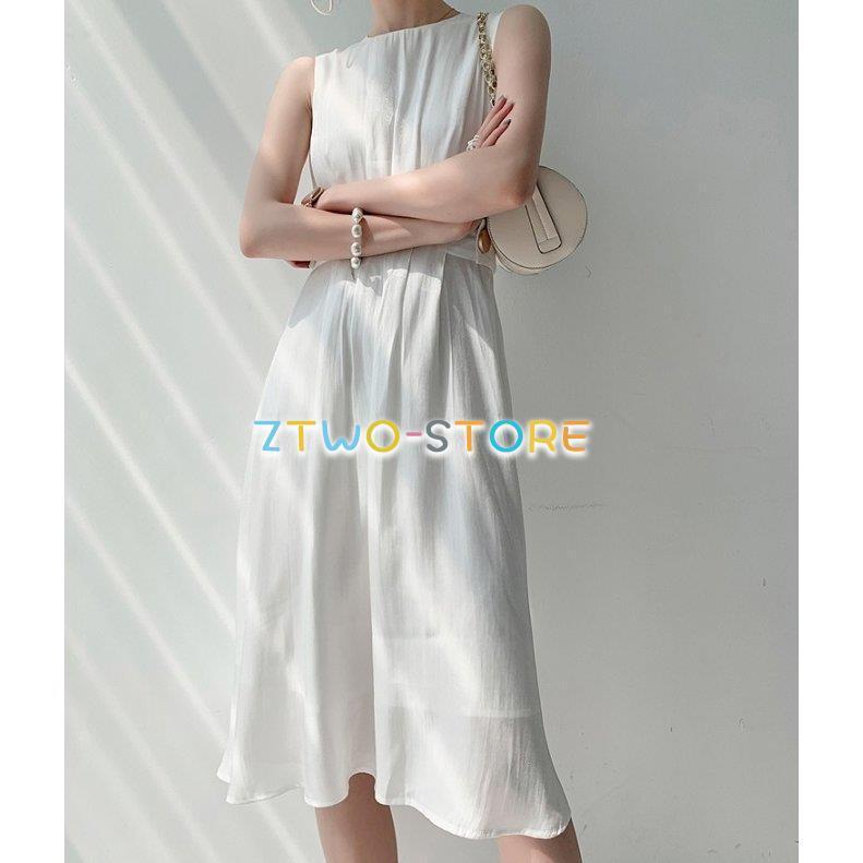 ワンピースドレスその他 ワンピースドレスワンピース Aライン ハイウエスト 膝丈 清楚 無地 ノースリーブ ドレス きれいめ レディース エレガント 背面ファスナー タック 光沢感 XS-XL