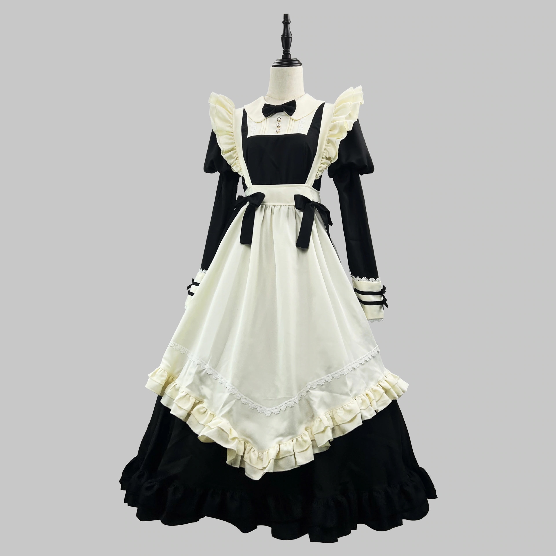 新作Lolitaロングサイズのメイド服黒日本系レースメイド服カフェかわいい日本系メイド