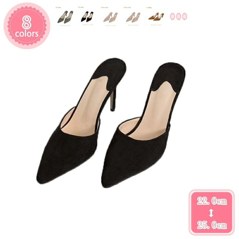 500円OFFクーポン ミュール サンダル ピンヒール スウェード かかとなし 前ふさがり ポインテッドトゥ レディース 疲れない 履きやすい 脱げない ローファーサンダル カジュアル とんがりトゥ