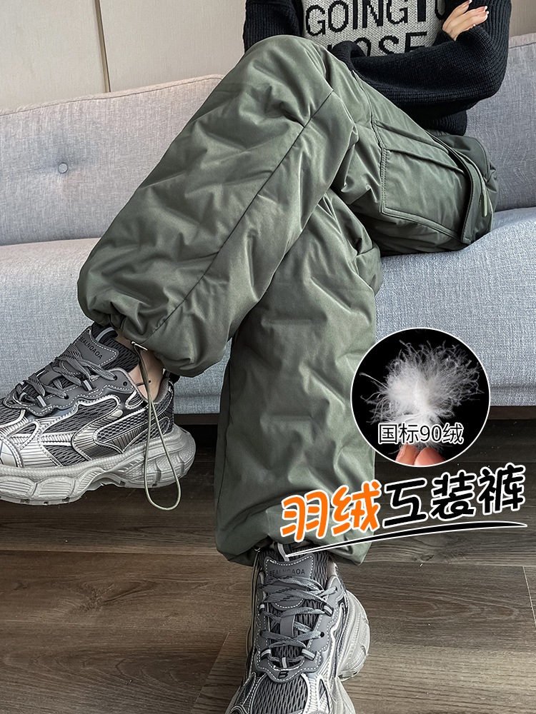 アーミーグリーン肥厚ダウンパンツ女性外部冬の新しいホワイトダックダウン耐寒パッド入りストレートコットンパンツサブ