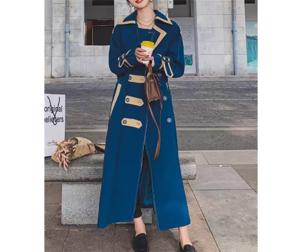 レディース ジャケット コート アウター 上着 ウィンドブレーカー ロングコート トレンチ ロング 長袖 襟付き スーツカラー ストレート ウエストマーク ポケット 異国風 ボタン 切り替えデザイン