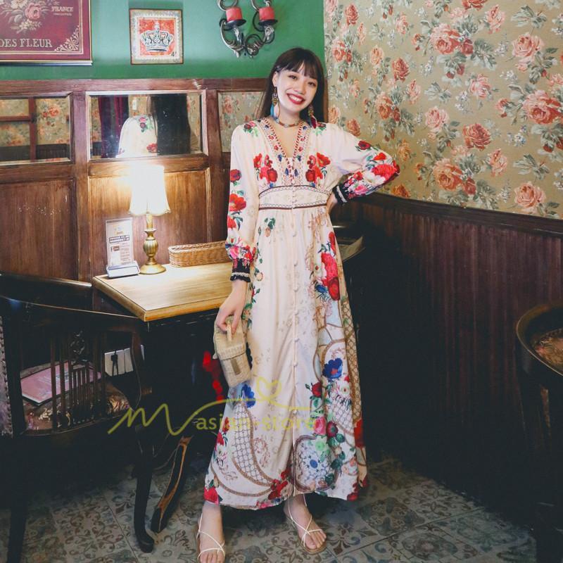 【 】ワンピース ロングワンピース レディース マキシワンピース おしゃれ ワンピ 花柄 エスニックスタイル レトロ風 春夏秋 お出かけ カジュアル 通勤通学