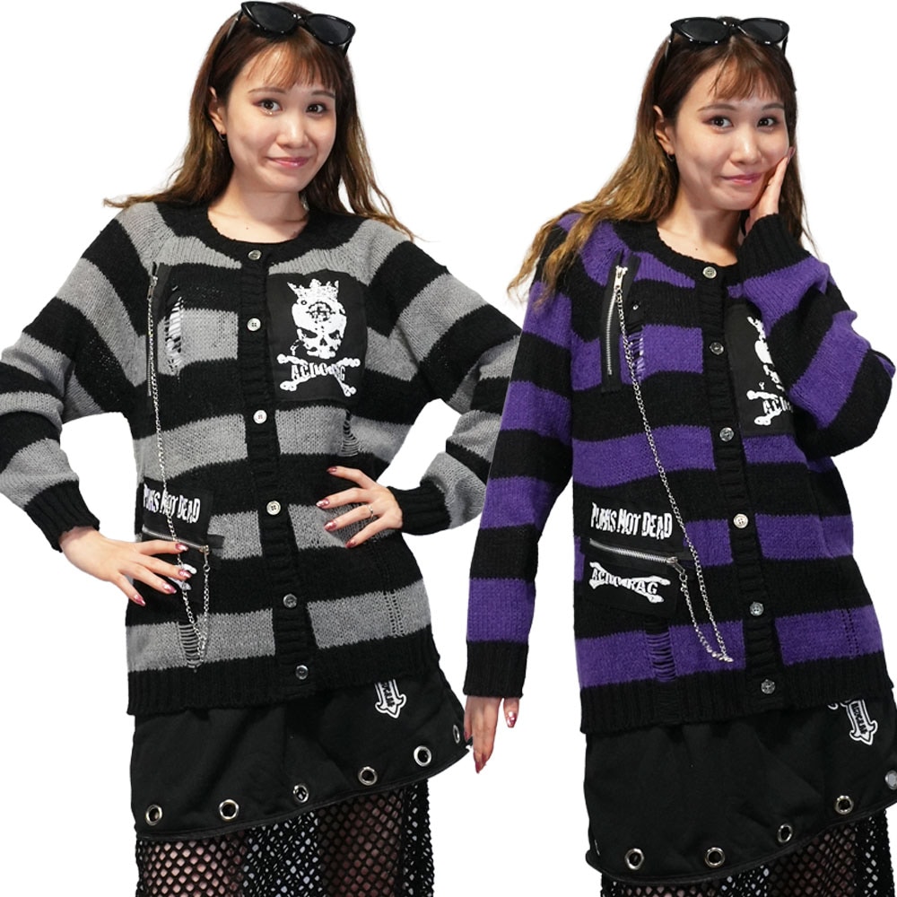 ボーダーカーディガン ニット 長袖 ファッション 原宿系 レディース Y2K ロック パンク エモパンク 骸骨 ボーダー pe-5053
