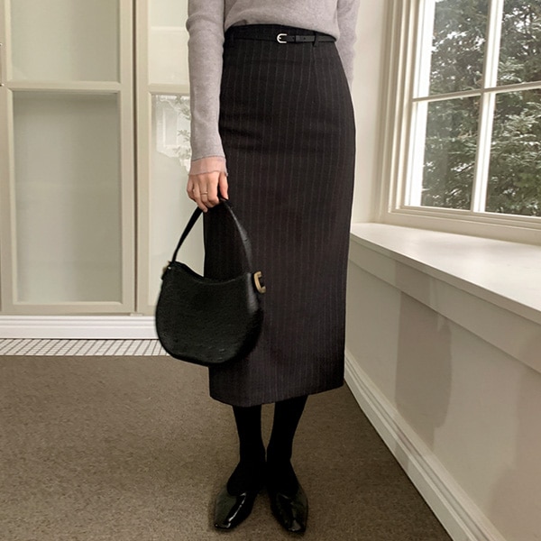 （通勤ルック/結婚式ゲストルック/ベルトセット）モリト ベルト ストライプ スリット ペンシル ロングスカート sk7164