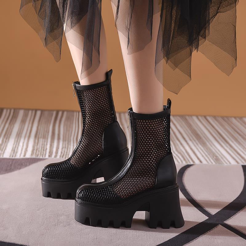 【急速出荷!】25韓国の新作スニーカーシューズブーツ厚底厚底メッシュ女性太ヒール透かし網糸涼靴ハイヒールショートブーツ レディース ファッション通気性ブーツ