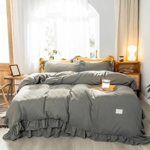 フリル付き 春夏秋冬 無地 3点セット 掛け布団カバー かわいい 寝具カバーセット フラットシーツ 枕カバー セミシングル 敷布団カバー