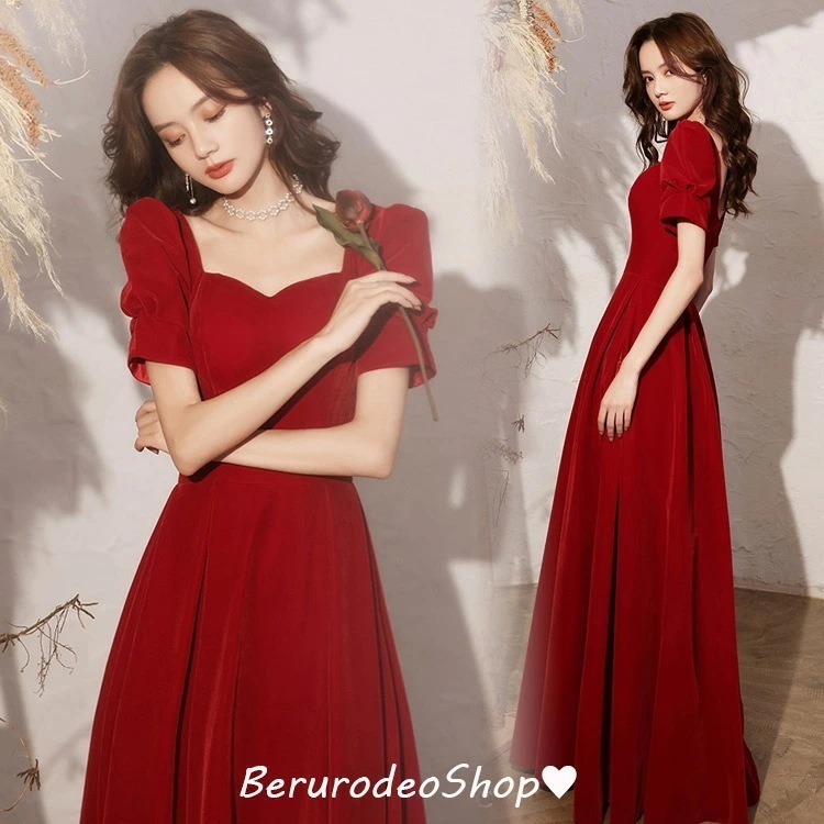 イブニングドレス ワイン赤 結婚式ドレス 二次会ドレス ロングドレス ワインレッド ゲストドレス パフスリーブ Vネック 発表会ドレス Aライン ロング丈 パーティードレス お呼ばれドレス 20代 3