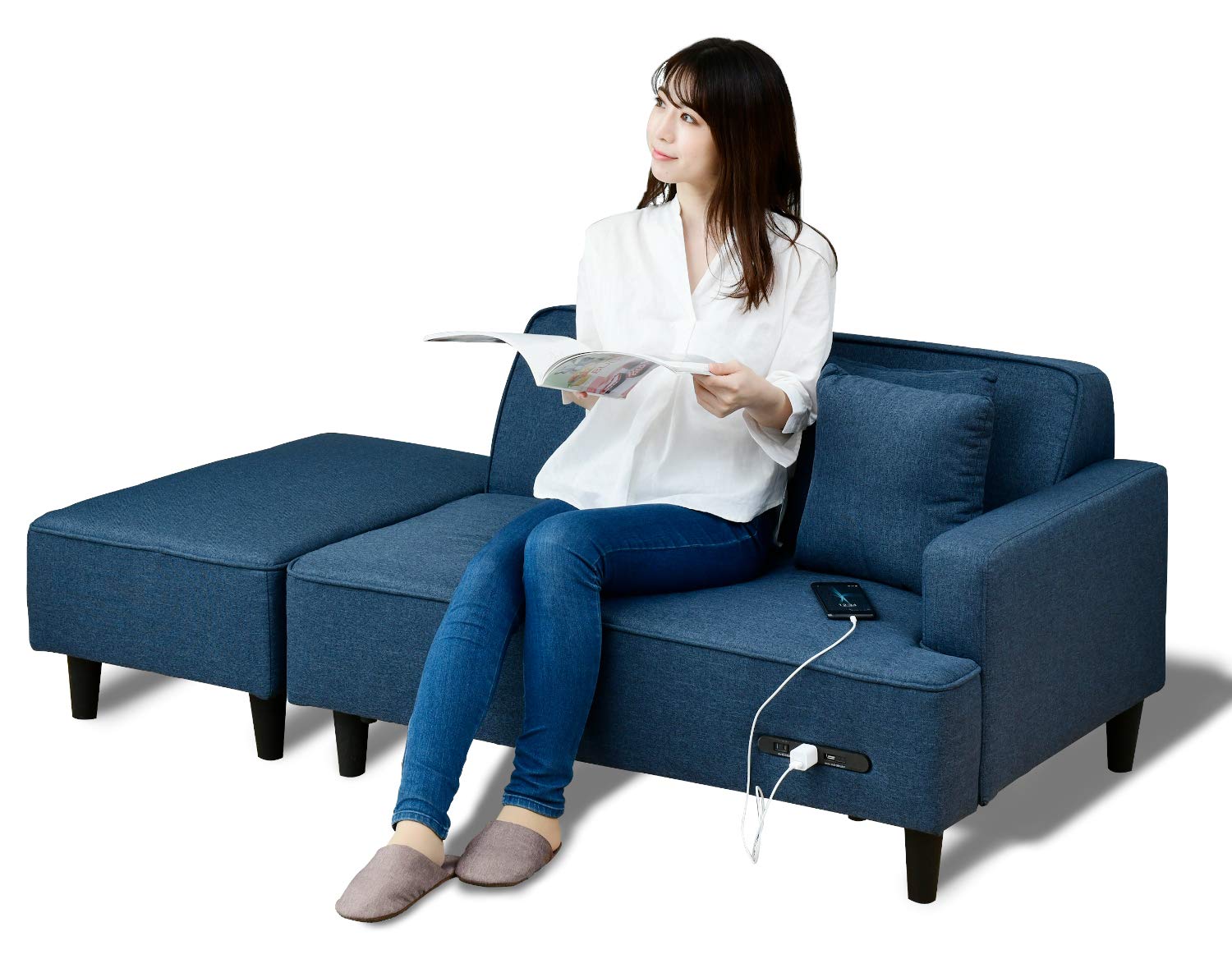 山善(YAMAZEN) ソファ (カウチソファ) 2人掛け 2口コンセント/USBポート付き ロボット掃除機が通れる レイアウト自由 幅110 オットマン クッション2個付き かんたん組立