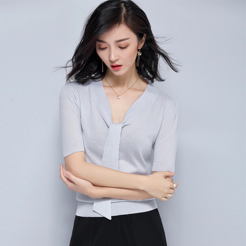 Tシャツカットソー2本のリボンの薄い半袖ニットの女性の夏の新しい蝶結びtシャツの上着