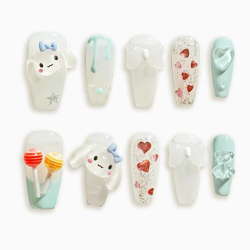 Sun&Beam Nails 手作り ネイルチップ ミディアム ロング バレリーナ コフィン つけ爪 ホワイト カラフル 可愛い 痛ネイル デザイン 付け爪 10枚入 (#111 M)