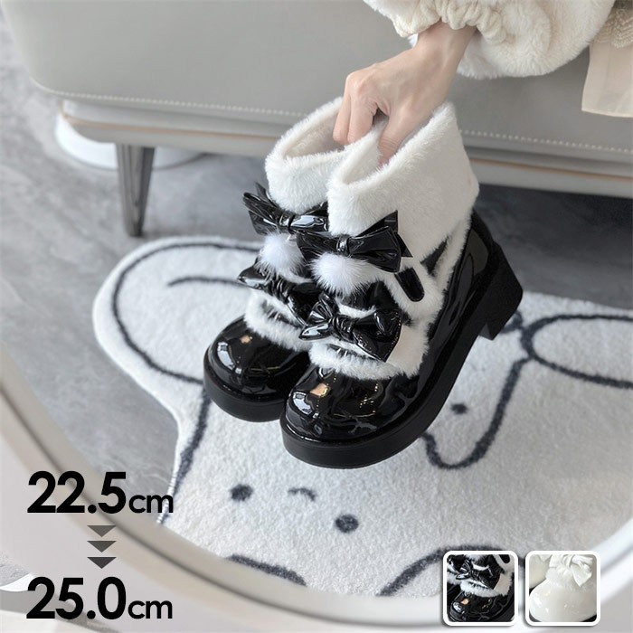 ふわふわシューズ ショートブーツ レディース ボア付き 秋冬 もふもふブーツ ロリータ靴 可愛い 姫様 女の子 おしゃれ 日常 美脚 暖かい ブラック ホワイト