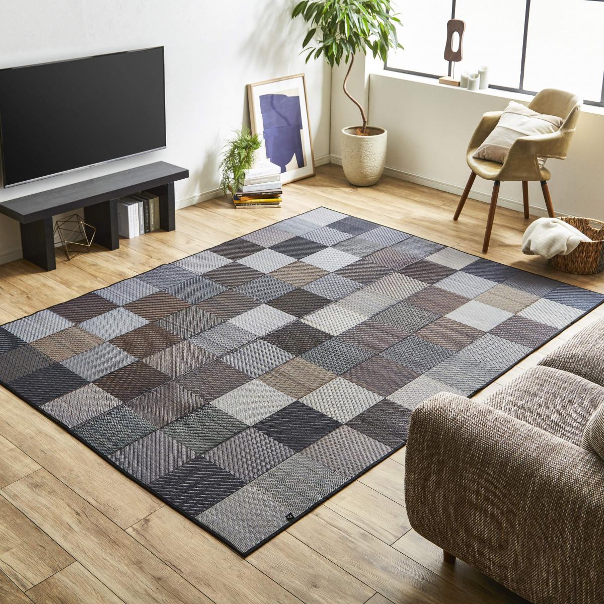 【I】【代引不可】イケヒコ 国産い草ラグカーペット DXカラフルブロック グレー 約191×191cm 1711520【北海道・沖縄・離島不可】