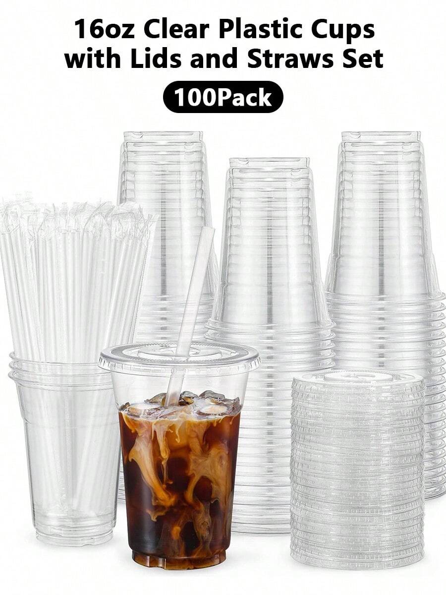 100個 - 16オンス クリアプラスチックカップ フタ付き ストロー付きアイスコーヒーカップ フタ付き使い捨てプラスチック製冷たい飲み物用アイスドリンクカップ