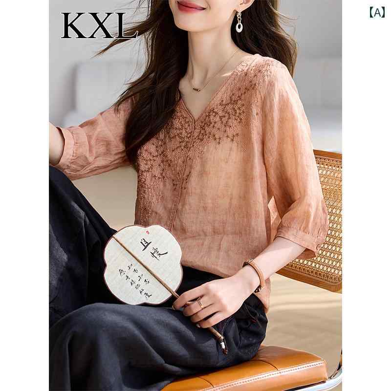 トップス レディース おしゃれ 上品 通勤 オフィス カジュアル 夏 刺繍 半袖 Tシャツ Vネック シャツ 8,040円