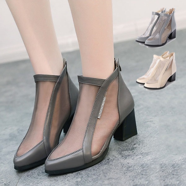 ブーツ ショートブーツ ブーティー メッシュ シースルー チャンキーヒール 太ヒール 靴 シューズ