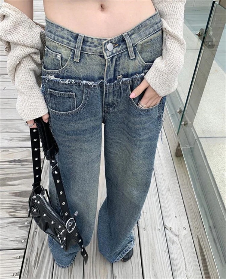 韓国ファッション 縫付 ロングパンツ 快適である ジーンズ 2022秋 フェイク2ピース ゆったりする ワイドパンツ 大人気