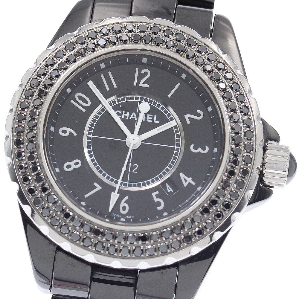 シャネル CHANEL H0682 J12 黒セラミック アフターダイヤベゼル クォーツ レディース 保証書付き_932292【中古】