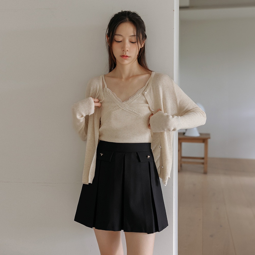 ビエットニットスリーブレスパールボタンカーディガンセット